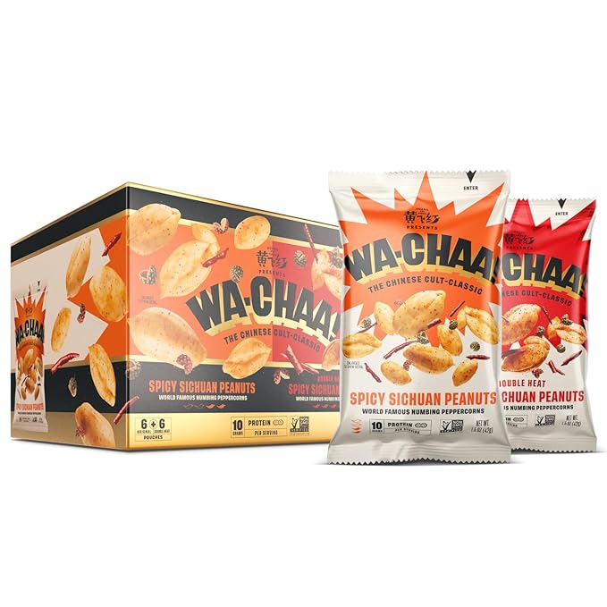 WA-CHAA! Variety Pack Spicy Sichuan Peanuts, Numbing Mala Peppercorns, Toasted Chili Flakes, Protein-Packed, Party Snacks, Non-GMO, On-The-Go Travel Size 1.5 Oz 12 pack (6 Original Heat + 6 Double Heat)
