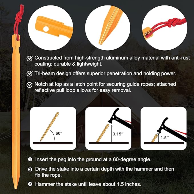 Eurmax USA Hiking Camping Tent Stakes and Hammer Set Lightweight Multi-Function Tent Hammer with Tent Stake Remover,Tent Pegs for Camping, Hiking, Backpacking, Gardening(Gold Stakes)