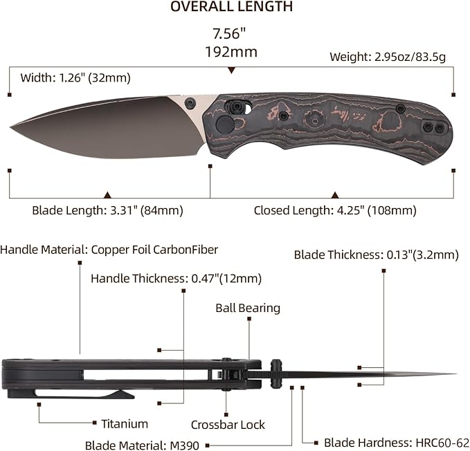 Folding Pocket Knife,3.31” M390 Blade,Erogonomic Titanium Handle,Hunting Survival Knife,EDC Knife for Hunting Camping Survival Outdoor Fishing Hiking（Black&Brown）
