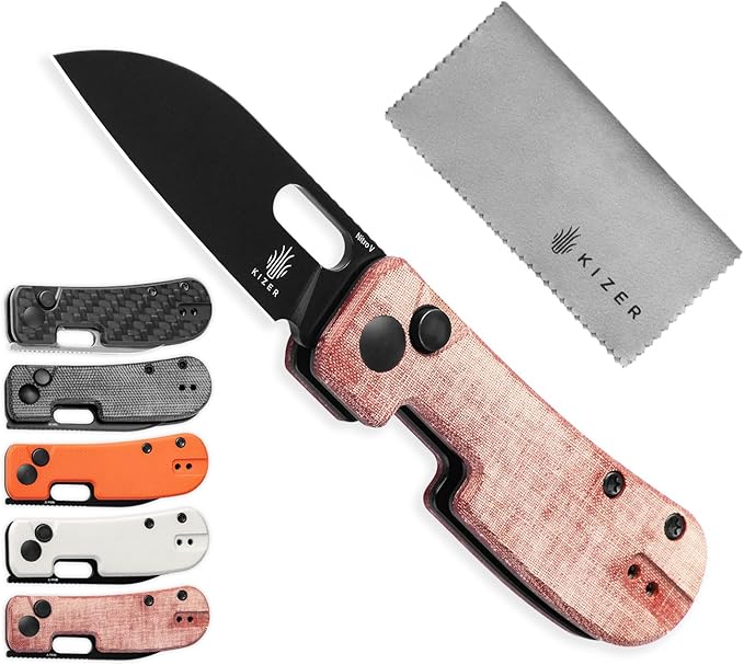 Kizer Banish Pocket Knife, Nitro-V Steel Blade, Linen Micarta Handle, Folding Knife with Reversible Clip, Small EDC Knife for Men Women, Camping Hunting Survival Hiking Fishing, V2676A4