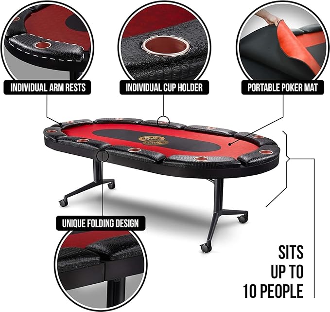 Triton Foldable Poker Table for 10 Players with Poker Chips Set 300- Soft-Padded Armrest, Individual Cup Holders - Premium Poker Chips, Long Lasting Poker Table