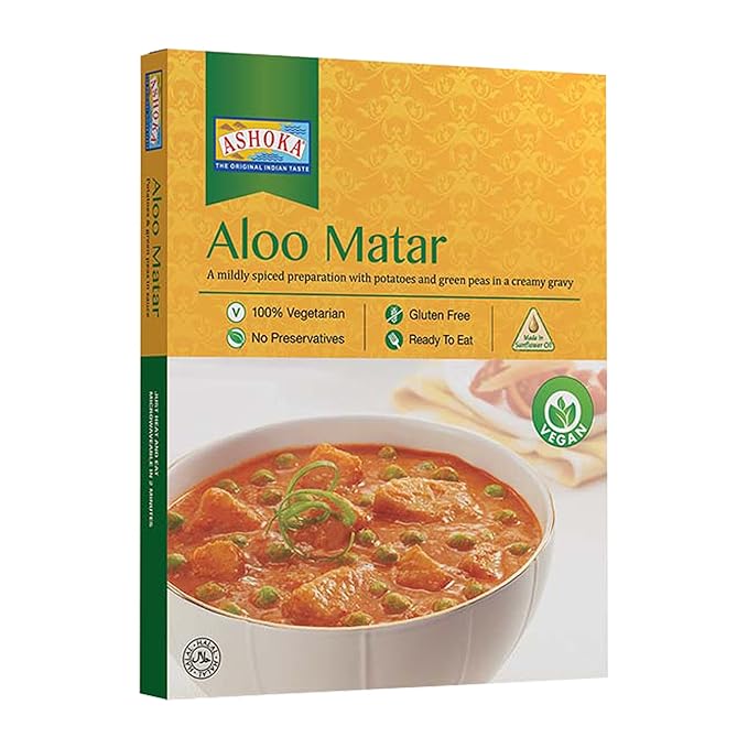 Ashoka Instant Meals 1932, All-Natural Vegan Potatoes & Peas, Kosher Certified Microwaveable Meals, Ready to Eat Indian Food, Aloo Matar, Flavorful Lunch Meal, No Preservatives, Pack of 1