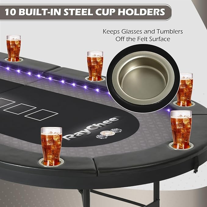 LED Poker Table, 84" 10 Player Foldable Texas Holdem Table w/Inlaid LED Light, 2 USB & 2 Type-c Ports, Portable Blackjac for Texas Card Game w/Cup Holders and Padded Rails (Black)