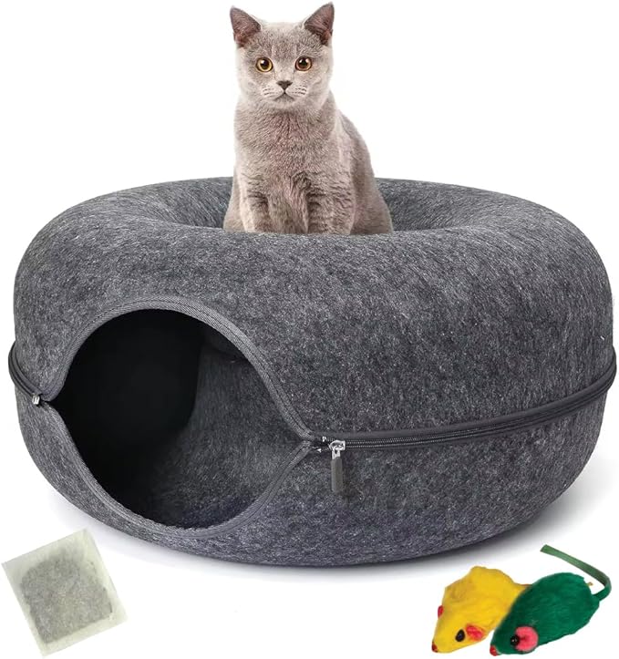 Laluz 2021 Large Cat Tunnel Bed for Indoor Cats Up to 30 Lbs Peekaboo Donut Cave with Catnip and Plush Toys Scratch Resistant Felt Design Detachable and Washable Cat Tunnel (Dark Grey, L)