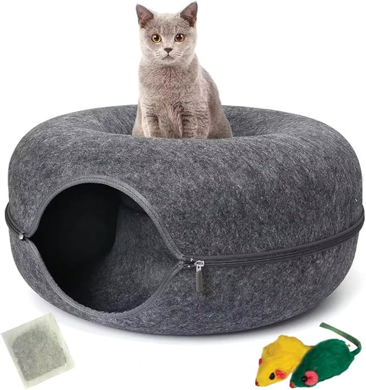 Laluz 2021 Large Cat Tunnel Bed for Indoor Cats Up to 30 Lbs Peekaboo Donut Cave with Catnip and Plush Toys Scratch Resistant Felt Design Detachable and Washable Cat Tunnel (Dark Grey, L)