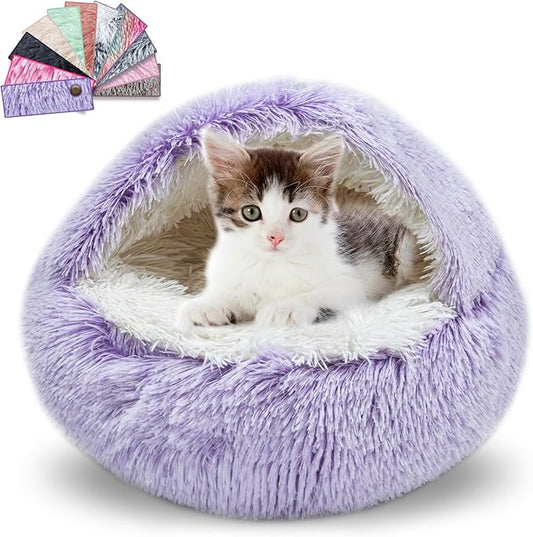 Cat Beds for Indoor Cats,Cat Cave for Puppy and Kitty,Calming Small Dog Bed for Small Dogs with Cover Cave,Cozy Warming Fluffy Washable Anti-Slip Pet Sleeping Bag(24 * 24inch,Purple)