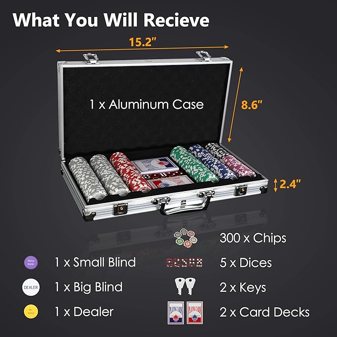 SHANTRA 300 PCS Poker Chips Poker Sets with Aluminum Case, Texas Hold?™Em Poker Set with 11.5 Gram Numbered Chips, Casino Chip Sets with 2 Decks of Plastic Playing Cards for Blackjack Gambling Games
