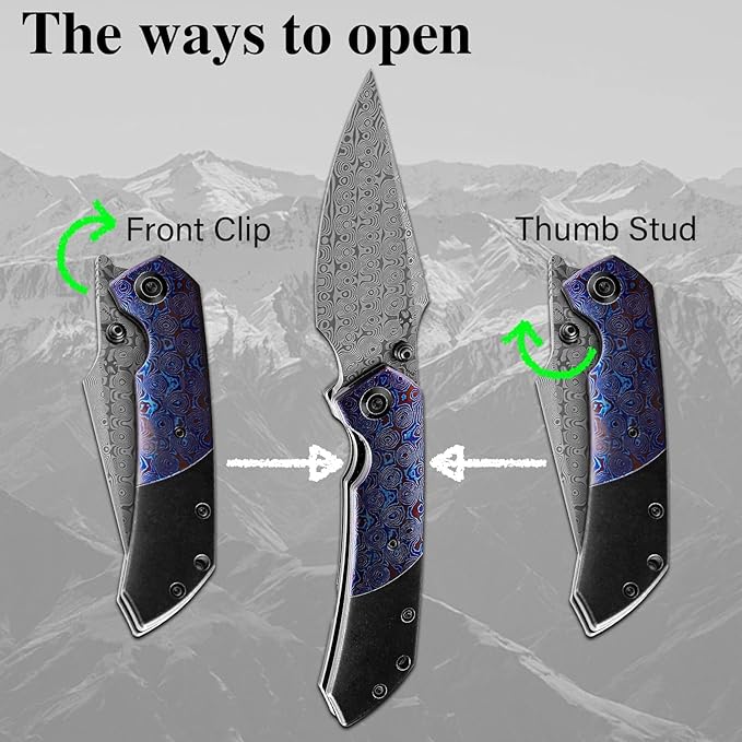 KANSEPT Fenrir Pocket Folding Knives for Men Women EDC Camping Fishing Knives 3.48'' Damascus Harpoon Blade Knives with Black Stonewashed Titanium Timascus Handle and Ti Clip Tactical K1034A8