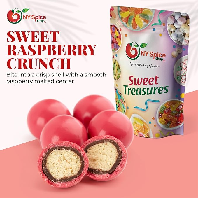 NY Spice Shop Razz ball Raspberry Chocolate Malt Balls - 8 Ounce Malted Milk Ball Candy Gifts - Chocolate Malted Milk Balls - Dark Chocolate Malt Ball Snacks
