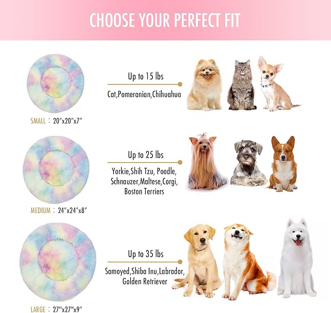 Anti Anxiety Round Fluffy Plush Faux Fur Warm Washable Dog Bed & Cat Bed, Original Bed for Small Medium Large Pets,Used to Relieve Joints and Improve Sleep（20"/24"/27''） (20", Rainbow)