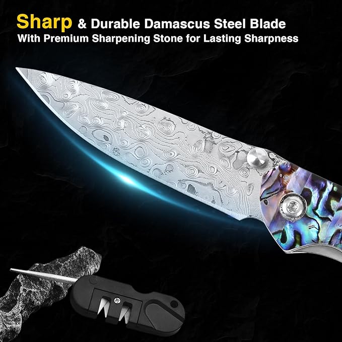 Handmade Damascus Steel Folding Pocket Knife - Abalone Shell Handle, Leather Sheath & Sharpener | Compact EDC Tool for Outdoor, Camping, Gifts