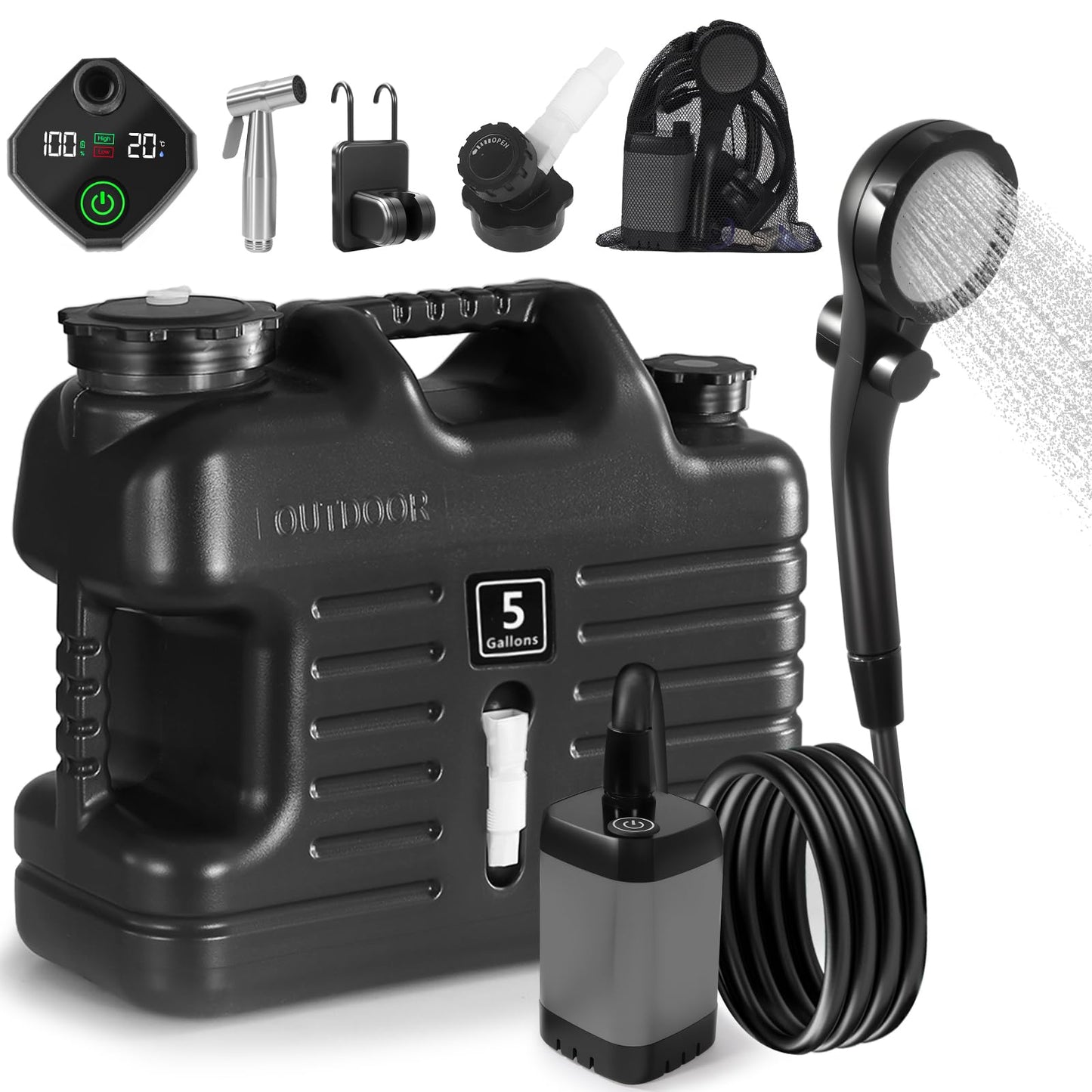 Portable Camping Shower with 5 Gallon Water Jug, 6000mAh Rechargeable Outdoor Camping Shower Kit