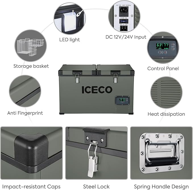 ICECO VL60 Dual Zone Portable Refrigerator with SECOP Compressor, 60 Liters Platinum Compact Refrigerator, DC 12/24V, AC 110-240V, 0℉ to 50℉, Home & Car Use (with Insulated Cover)