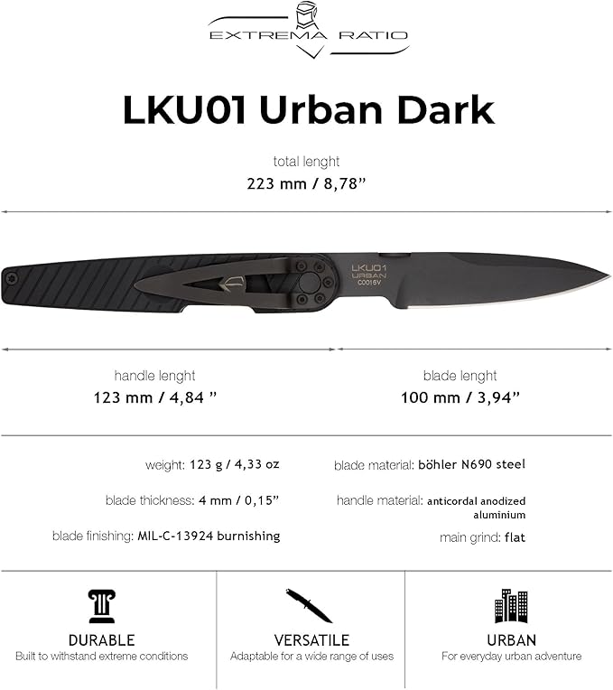 Extrema Ratio - LKU01 (Urban Dark), Böhler N690 Steel Blade 58 HRC, Black Burnished Finish, Smooth Aluminum Handle, Compact Design, Italian Craftsmanship