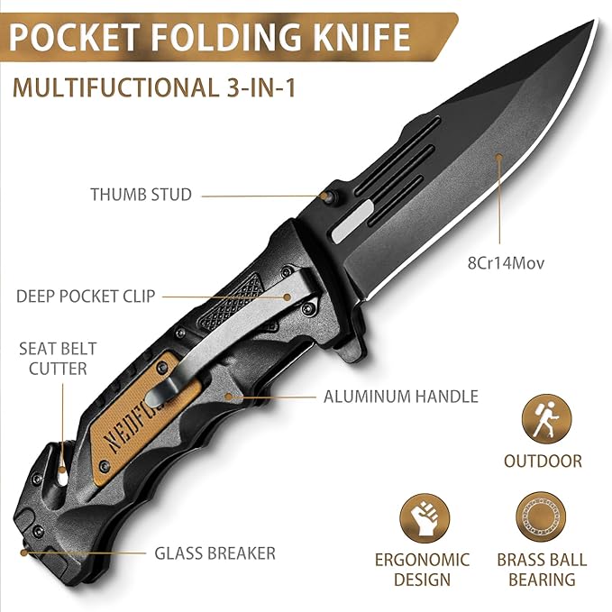 NedFoss Pocket Folding Knife DA75 Mini, 3 in 1 Pocket Knife for Men, 2.95 Inch Survival Knife with Liner-Lock Belt Clip, Seat Belt Cutter, Glass Breaker, Hunting knife for Camping Hiking