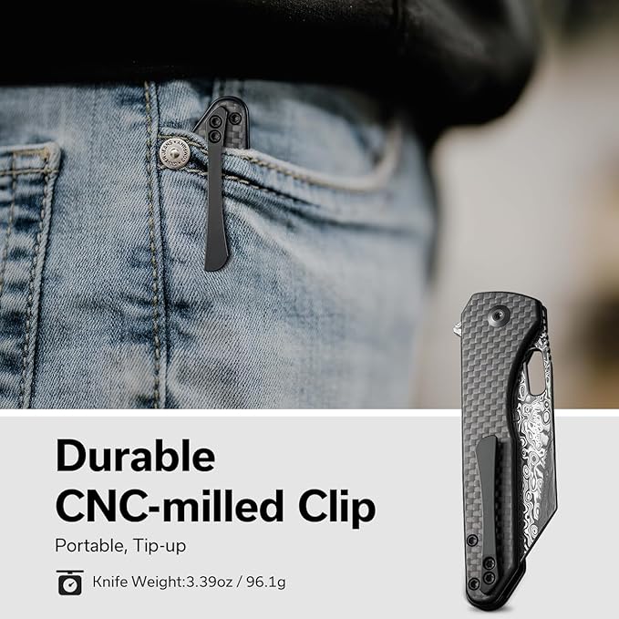 CIVIVI Nugz Folding Pocket Knife for EDC, 3.17" Damascus Reverse Tanto Blade Twill Carbon Fiber Overlay on Black G10 Handle Flipper Knife for Ideal Gift to Men Women C23060-DS1 (Black)