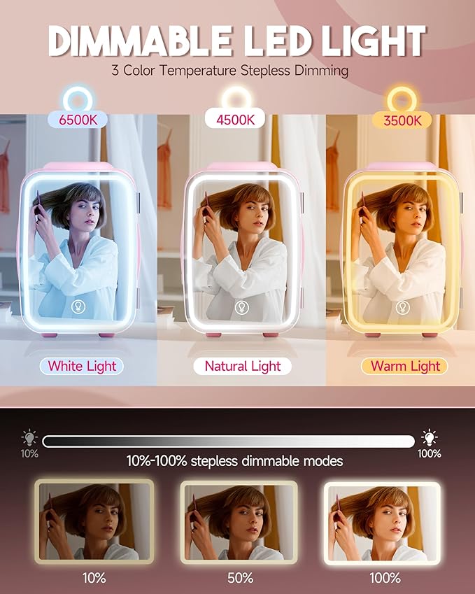 Skincare Fridge with Dimmable LED Light Mirror,4 Liter/6 Can Mini Fridge Skincare for Bedroom,Office, Car, Dorm,Cooler and Warmer, Portable Mini Fridge for Skin Care, Cosmetics, Food,Pink