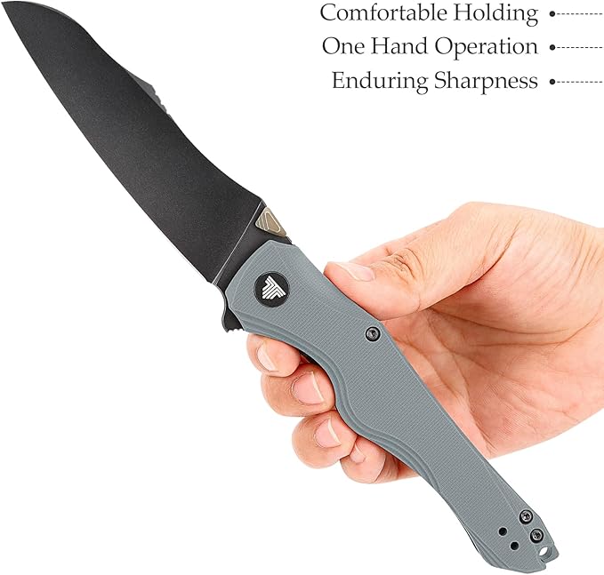 Knives, EDC Folding Knife for Men, Flipper Pocket Knife with Clip, Sharp Camping Survival Hiking Knives, G10 Handle and Ti Thumb Studï½?.89'' PVD Blackwash 14C28N Blade｜Triton-03B