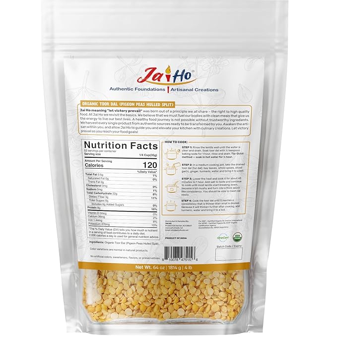 Jai Ho Certified Organic Toor Dal 4 lb | Pigeon Peas Hulled Split | Indian Toor Dal | USDA Organic | Non-GMO | Chemical-Free | Premium Quality Kosher