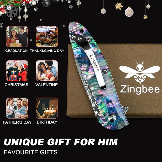 Damascus Pocket Knife for Women, 2.87" Damascus Steel Blade EDC Knives for Men, Abalone Shells Handle, Pocket Knives & Folding Knives for Indoor Outdoor Camping Hiking