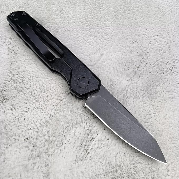 Push Button Lock Knife, Tactical Speedsafe Assisted EDC Folding Knife, Black Stonewashed Reverse Tanto Blade Aluminum Handle Outdoor Hunting Camping Knives With Reversible Deep Carry Pocket Clip For Men