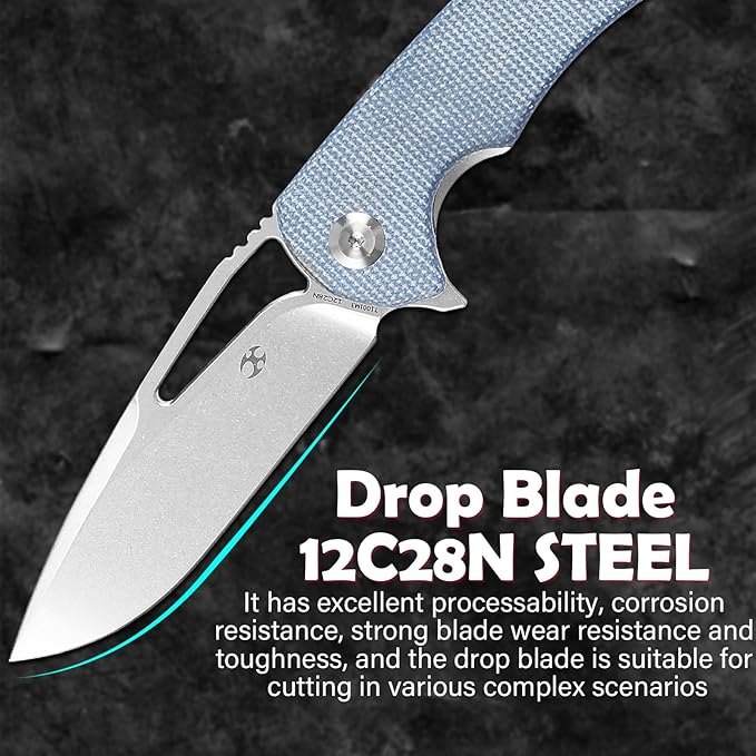 KANSEPT Kryo Pocket Knife 8.08in Folding Knives with 3.58in12C28N Steel Drop Point Blade and Blue Micarta Handle for Outdoor, Tactical, Survival and EDC T1001M3