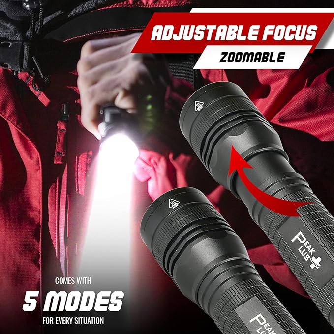 PeakPlus High Powered LED Flashlight LFX2000, Brightest High Lumen Light with 5 Modes, Zoomable and Water Resistant, Best Flashlights for Camping, Dog Walking and Emergency