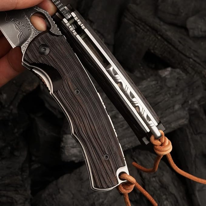 Folding Knife 3in Handmade VG 10 Damascus Steel Knife Pocket Knife, Leather Case, Ebony Handle, with Padded Lock, Suitable for Outdoor Camping Fishing and Carrying Knives