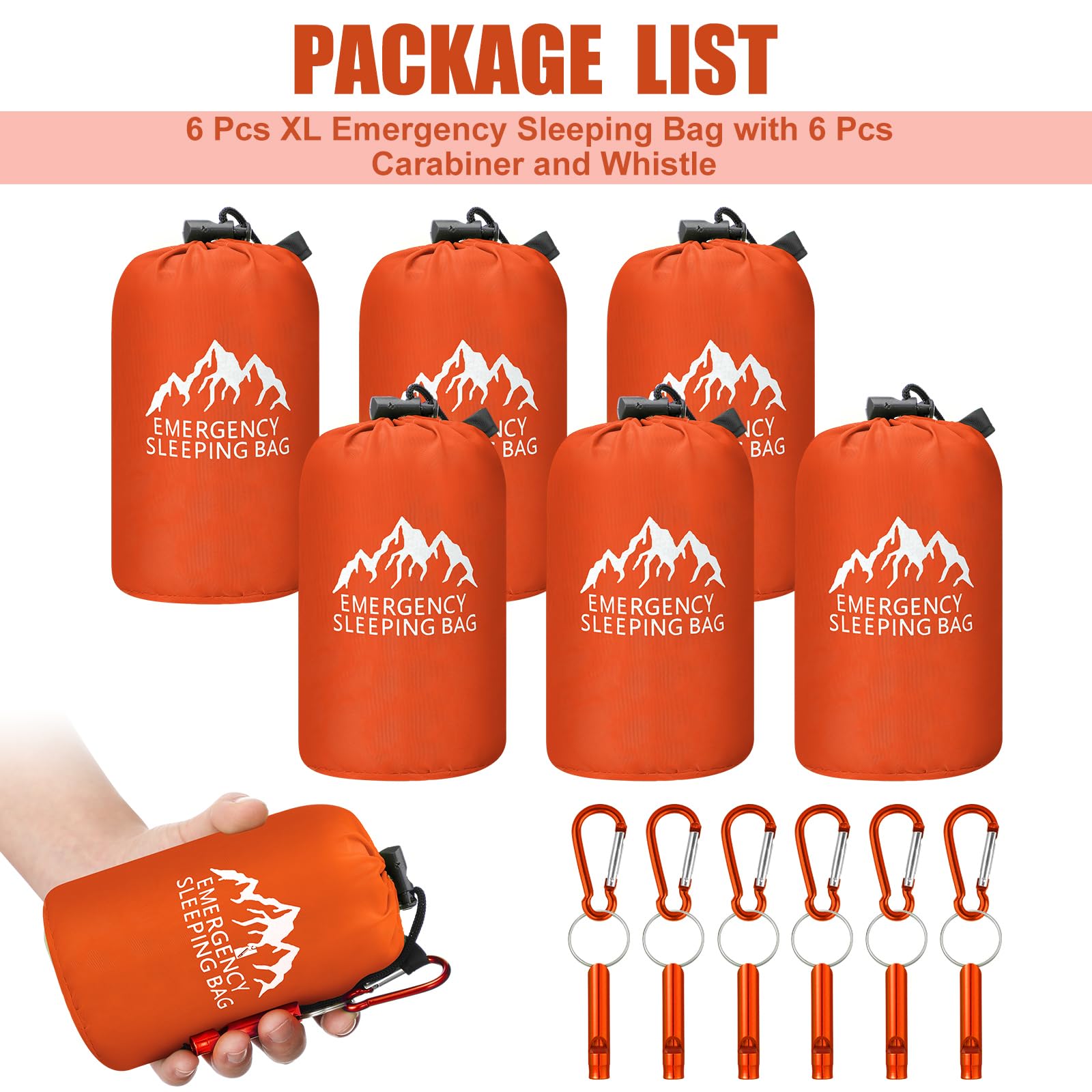 Oudain 6 Pcs XL Emergency Sleeping Bag 94.5" x 49.2" Waterproof Survival Sleeping Bag with Whistle