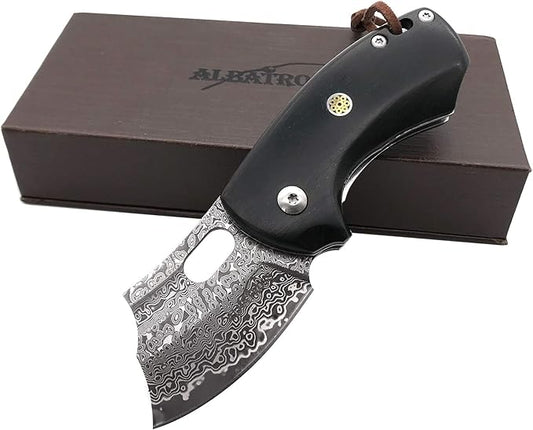 ALBATROSS Premium Folding Pocket Knife - EDC Mini VG10 Damascus Steel with 2" Blade - Ebony Wood Handle - Compact Outdoor Camping Knife with Gift Box - HGDK024