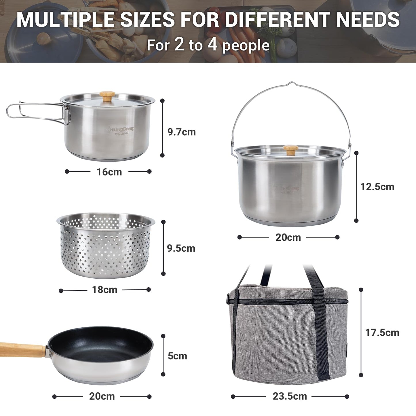 KingCamp Camping Cookware Set, 304 Stainless Steel Camping Pot for 4-6