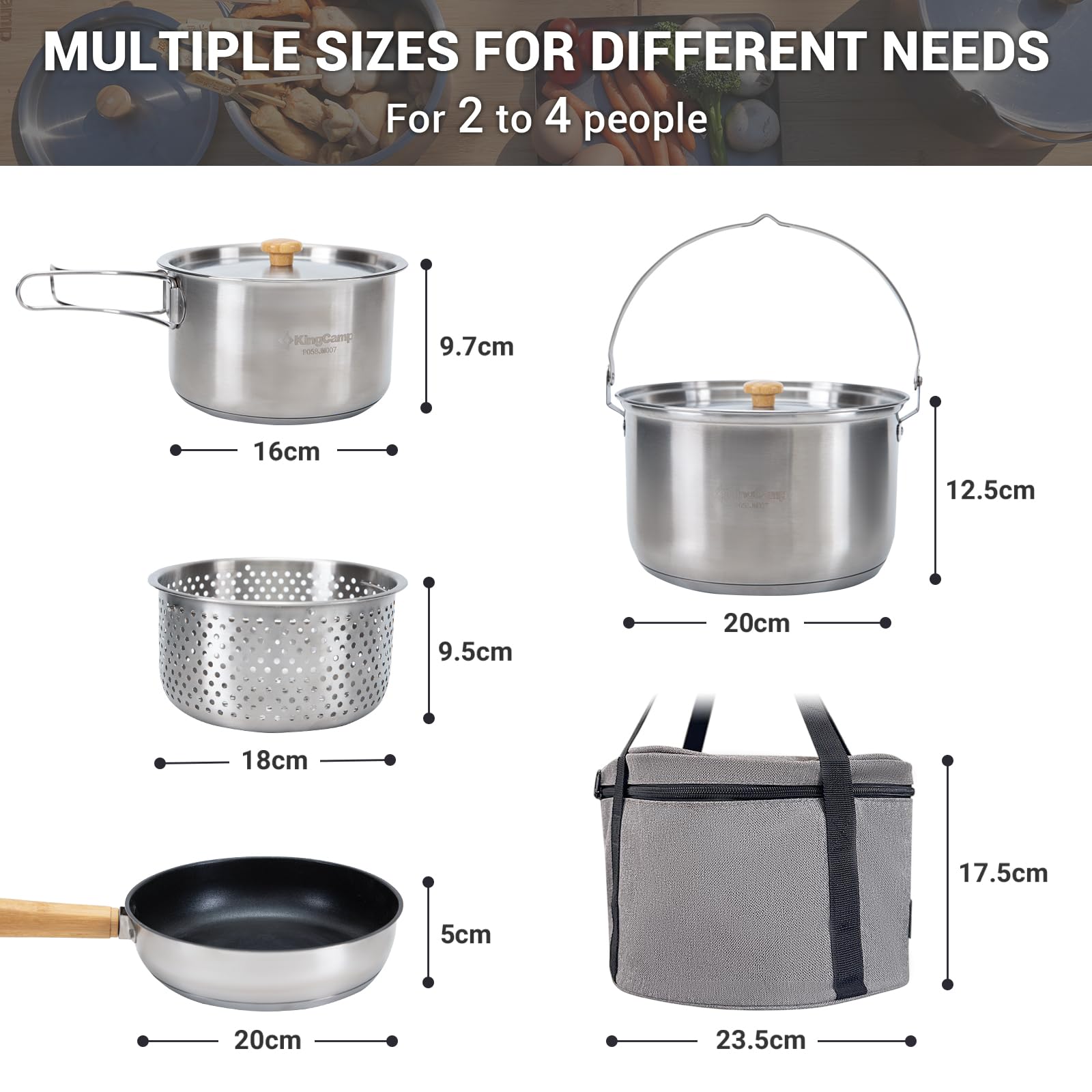 KingCamp Camping Cookware Set, 304 Stainless Steel Camping Pot for 4-6