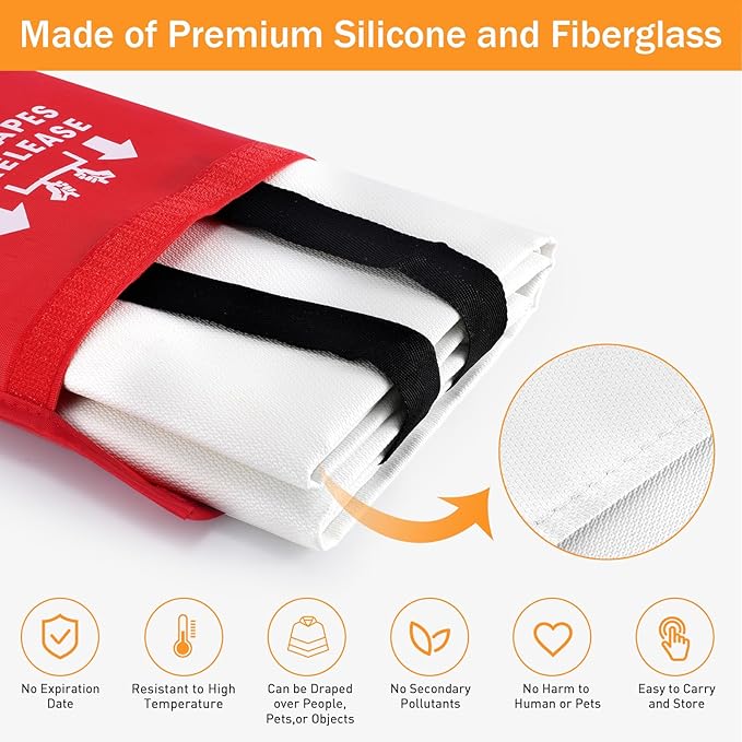 Mondoshop Silicone Fire Blanket for Home - 4Pack 40"x40" Emergency Fire Blankets for Kitchen, Fire Retardant Blankets for Car, Camping, Grill, Office, Warehouse, School, Picnic