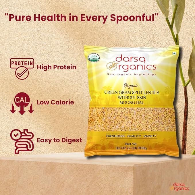 Darsa Organics Yellow Moong Dal (Split Yellow Mung Beans) 2 lb - USDA Organic, Non-GMO, Chemical-Free, Kosher - Protein-Rich Yellow Lentils for Khichdi, Soups, Salads & Stews
