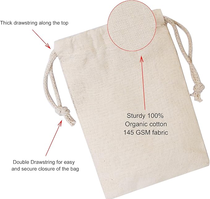 100Pcs 6 x 10 Inches Premium Cotton Muslin Double Drawstring Bags, Reusable Bag Natural Cotton Bags with Drawstring Produce Bags Bulk Gift Bag Jewelry Pouch for Party Wedding Home Storage