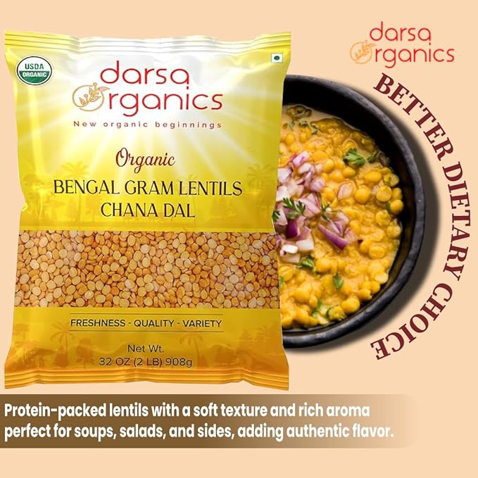 Darsa Organics Chana Dal 2 lb ??USDA Organic Split Bengal Gram (Yellow Chickpeas), Non-GMO, Chemical-Free ??Yellow Lentils for Dal, Khichdi, Soups, Salads, Veggie Burgers & Patties