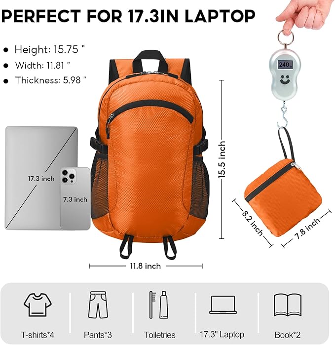 Small Hiking Daypack,15L Water-Resistant Hiking Backpack Packable Lightweight Travel Day Pack for Women Men (Orange, Small)