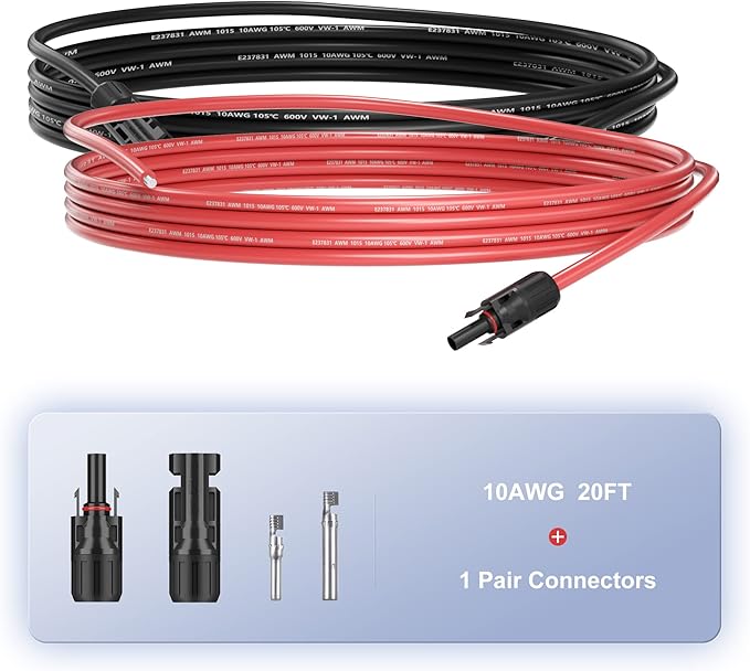 20 Feet 10AWG(6mm²) Solar Panel Wire, 10 Gauge 20FT Black & 20FT Red Tinned Copper Extension Cable Kits with Female and Male Connector for RV Home Boat and Any Other Off-Grid Applications