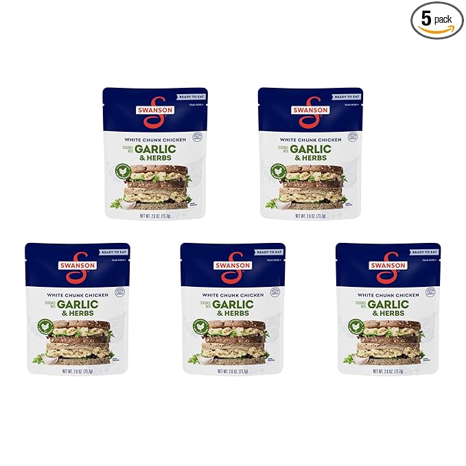 Swanson Garlic and Herbs White Chunk Fully Cooked Chicken, Ready to Eat, Simple On-the-Go Meals, 2.6 OZ Pouch (Pack of 5)