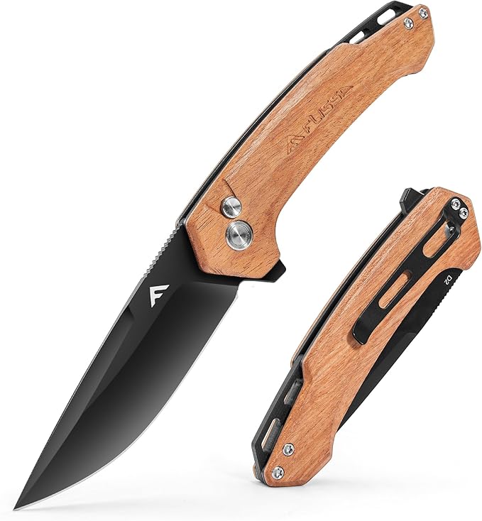FLISSA Pocket Folding Knife, 3.2??D2 Blade Wood Handle EDC Knife with Button Lock and Pocket Clip for Hiking, Camping, Outdoor Activities