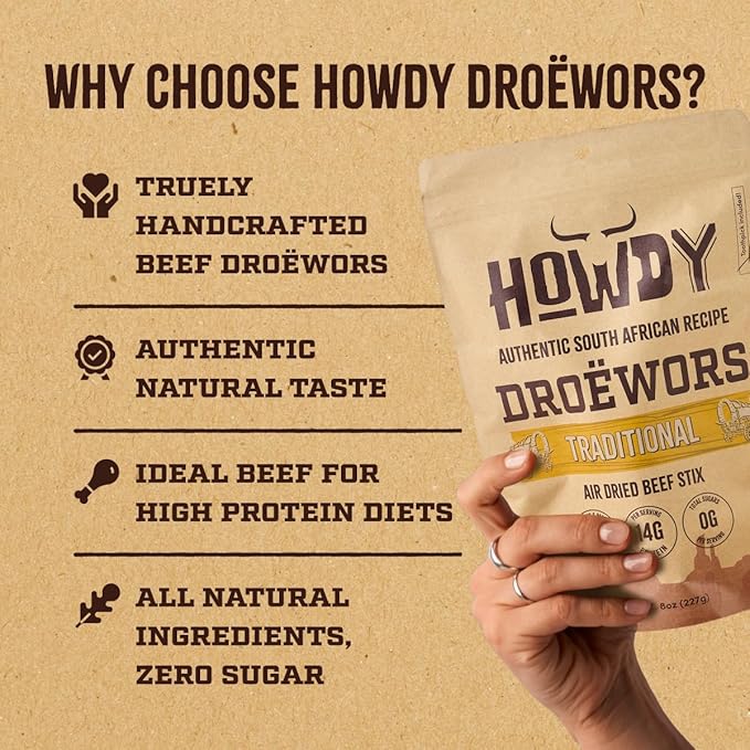 Howdysnax Handcraft Authentic Small Batch Droëwors Beef Sticks Sugar Free, Soy Free, Paleo & Keto Friendly Snack