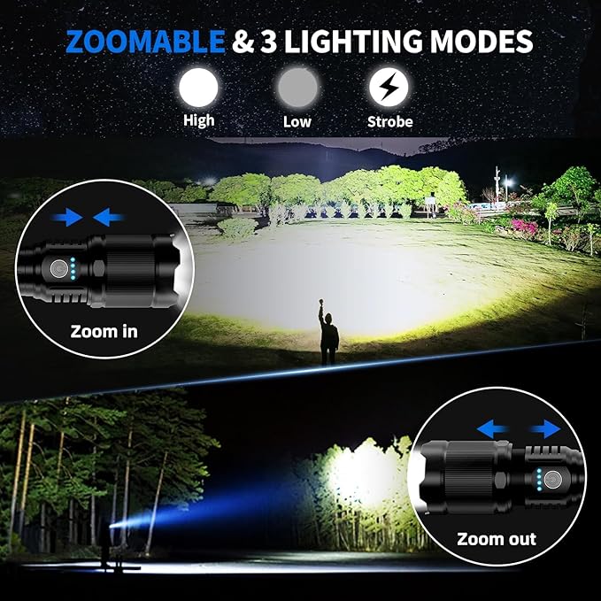 Flashlights High Lumens 990000 LED Rechargeable Tactical Flashlight Zoomable 3 Modes Fast Charging IPX6 Waterproof Super Bright Black Handheld Flashlights for Camping Hiking Outdoor and Gift
