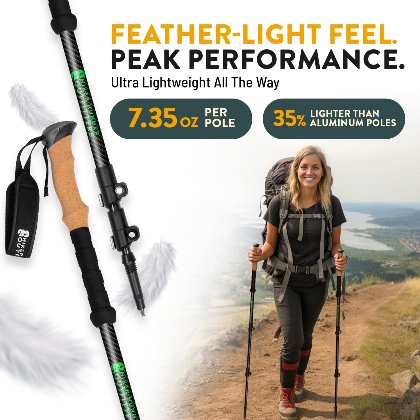 100% Carbon Fiber Trekking Poles by USA Brand - Ultra Strong Lightweight Collapsible Hiking Poles