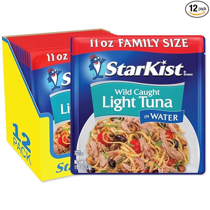 StarKist Chunk Light Tuna in Water, 11 oz Pouch (12 Pack) Ready to Eat Wild Caught Tuna, 19g Protein Per Serving, 80 Calories Per Serving, Gluten Free, Soy Free, Kosher, Perfect for Meals and Snacks