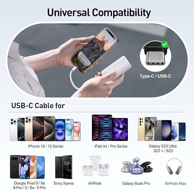 iWALK Mini Portable Charger 10,000mAh, 22.5W USB-C Fast Charging Power Bank with Built-in Cable, Travel Essential Ultra-Small Battery Pack Compatible for iPhone 17/16/16 Pro/15, Samsung, Google, White