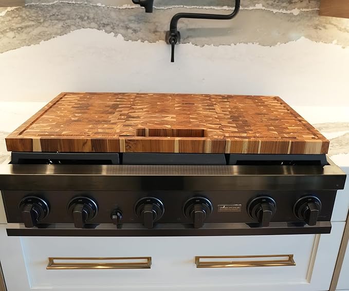 EcoDecors Extra Large Solid Teak Butcher Block 34"x20", End Grain Cutting Board with Juice Groove, Waste Slot, Handles, FSC Certified Carving Board for Stove-Top Prep