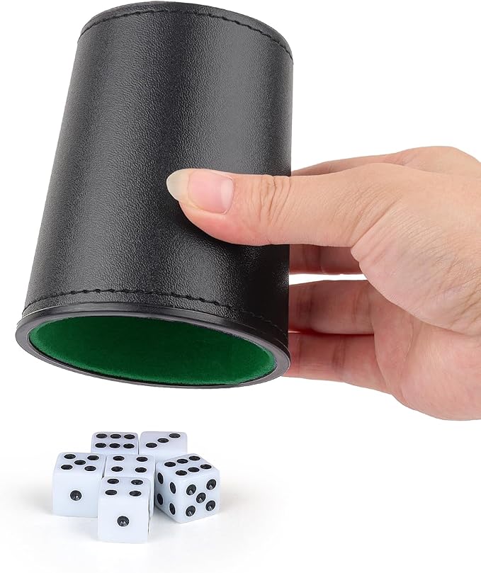 Felt-Lined PU Leather Dice Cup Set, 6 Quiet Dice Shaker Cups with 36 Dices for Bar Party Yahtzee Farkle Dice Games, Black and Green