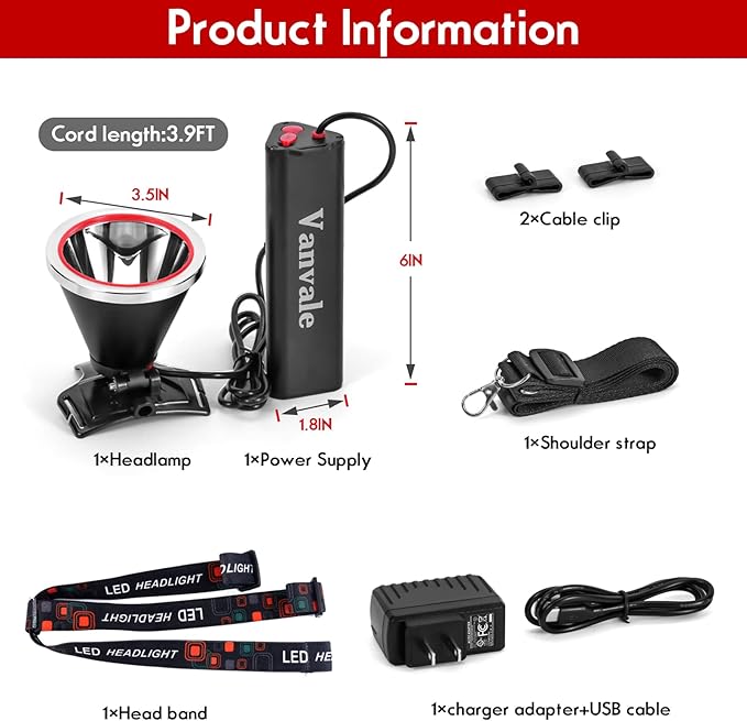 High Power Rechargeable LED Headlamp,IPX4 Waterproof Head Light with Charger,Super Long Lasting Hunting Lamp for Running,Fishing,Camping,Outdoor,Storm Power Outage（White Light）