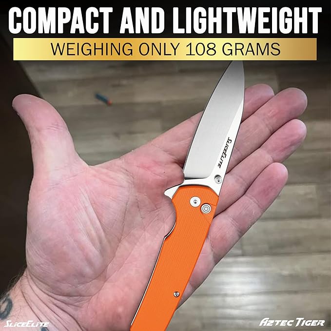 SliceElite 3.6-Inch Aztec Tiger Folding Knife | Pocket Knife with Orange G10 Composite Handle, D2 Steel Drop Point Blade & Stainless Steel Pocket Clip | EDC Gear Knife with Button Lock for Outdoor Use