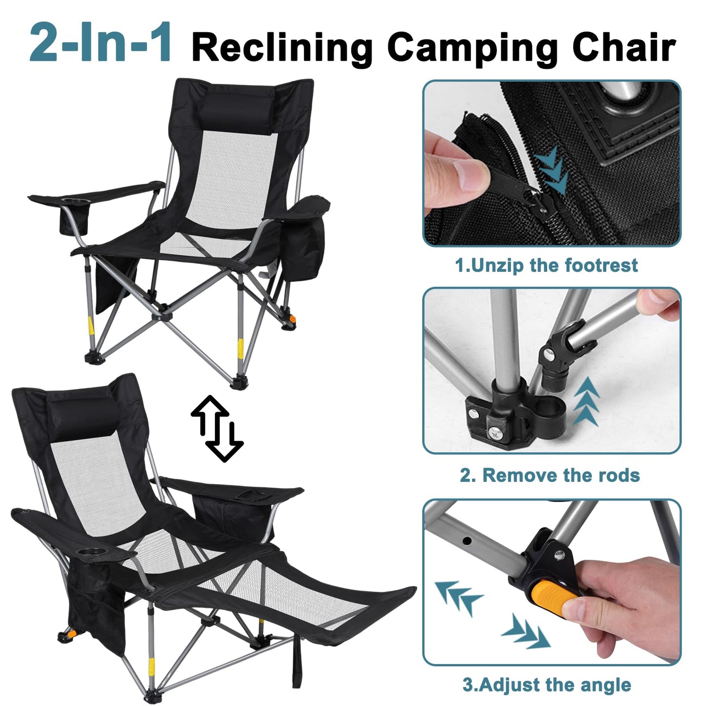 Romswi 2Pack 4-Position Reclining Camping Chair with Removable Footrest, 2-in-1 Adjustable Portable